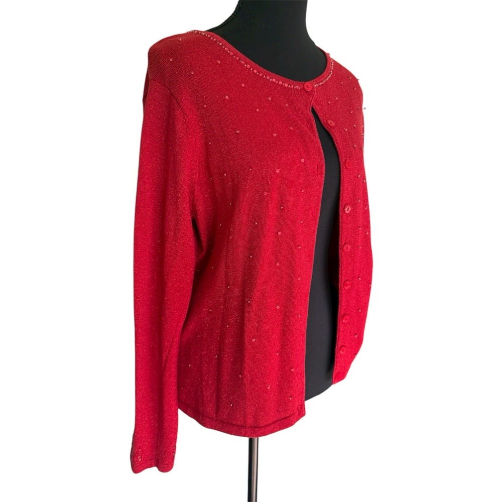 Y2K Red Sparkle Beaded Sequins Button Up Sweater Sz L Cardigan Silk Blend - Picture 3 of 10